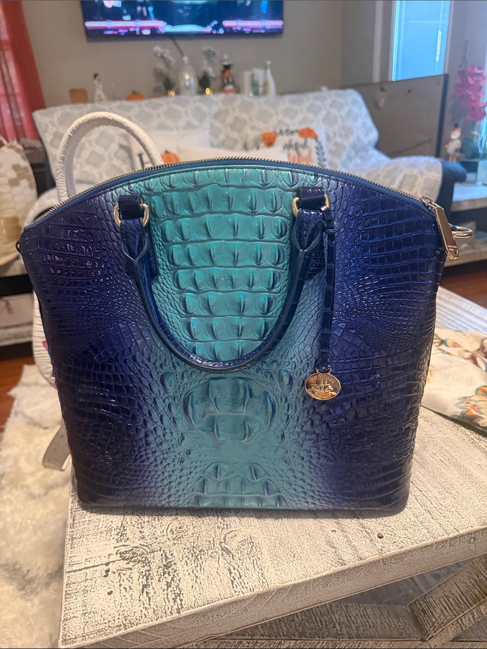 Brahmin Teal and Navy Croc-Embossed Satchel